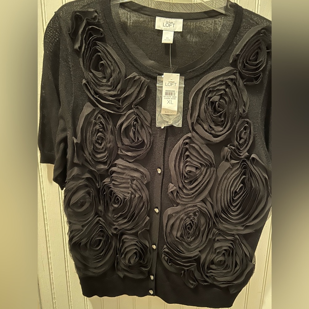 LOFT Chiffon Rosette Black Sweater, NWT, XL